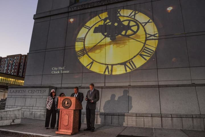 Art and music are projected on the side of a building at the waterfront in Yonkers where Mayor Mike Spano launched the urban sound and light display called Experience Yonkers on Wednesday.