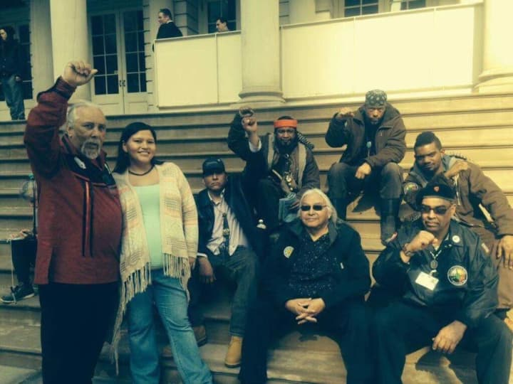 Ramapough Lunaape Nation Chief Dwaine Perry and others rallied on the steps of city hall in Manhattan.