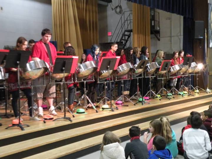 Mahopac High School&#x27;s steel-drum band performs before students at Fulmer Road Elementary School.