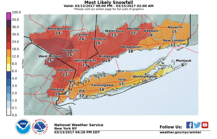 Up to 2 feet of snow could fall in parts of Fairfield County as a blizzard slams the Northeast on Tuesday.