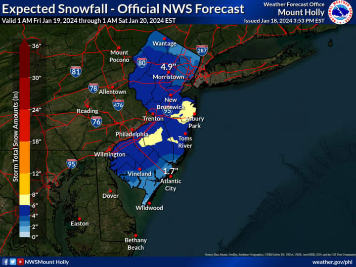 The latest snowfall projection map released by the National Weather Service late Thursday afternoon, Jan. 18.
  
