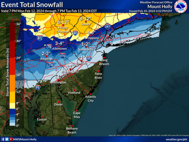 Feb. 11 and 12 snowfall projections.
