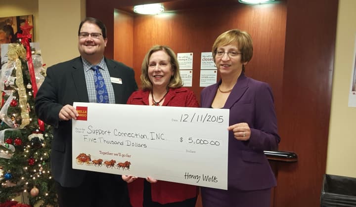 Shown with check from Wells Fargo, from left, Gary Wawrzycki, branch manager, Wells Fargo Bank, Shrub Oak; Katherine Quinn and Barbara Cervoni of Support Connection.