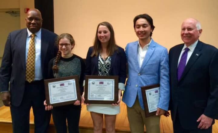 TEAM Westpo finalists (l-r): Ellie Shapiro, second place; Ali Tritschler, third place and Jacob Klegar, first place. Harold Bailey (far left), chair of TEAM Westport and First Selectman Jim Marpe (far right) honored the winners.