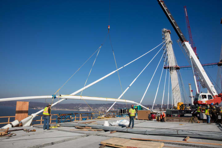 Crews installed the last of 96 stay cables last week on the westbound side of the new Tappan Zee Bridge.