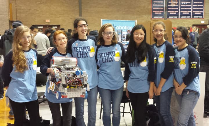 Sarita Servidio (second from right) has been a member of the Techno Chix for the past year and a member of middle and high school level techno teams for the past three years.
