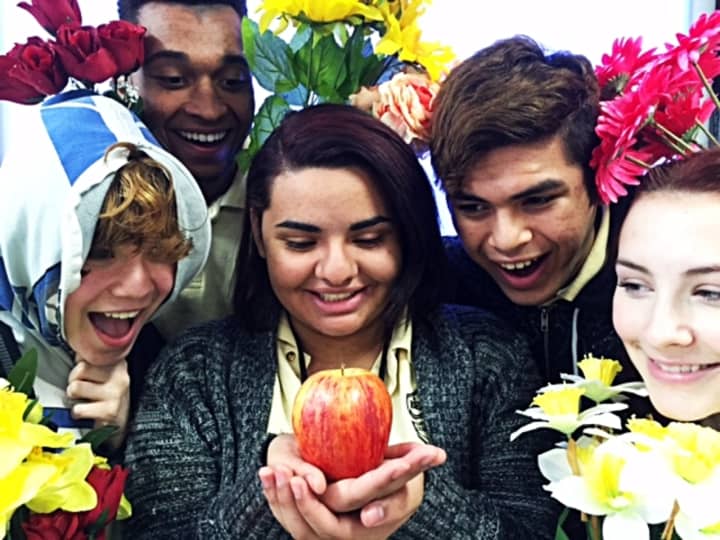 (from left) Kaitlin Rust, Brennen Dopwell, Kayla Pellot, Edwin Perez and Maria Cunneely are featured in the Bergen Arts and Science Charter High School&#x27;s production of &quot;The Apple Tree.&quot;