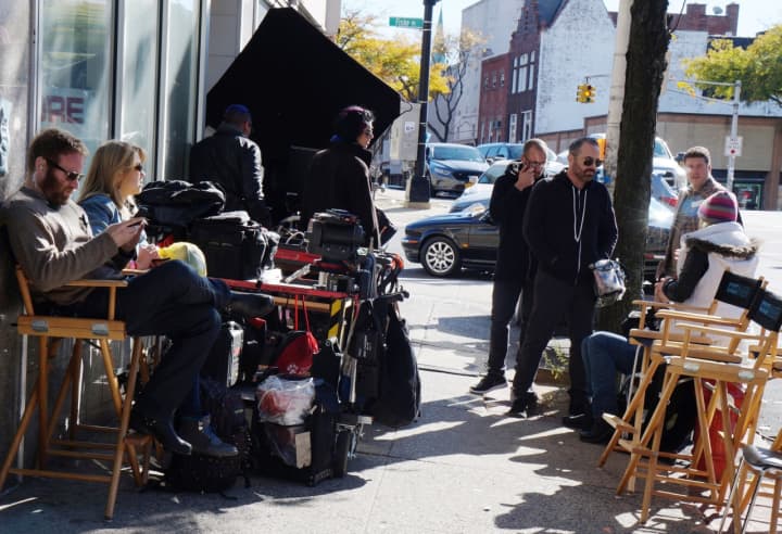“The Bleeder” film crew on break at Gramatan Avenue