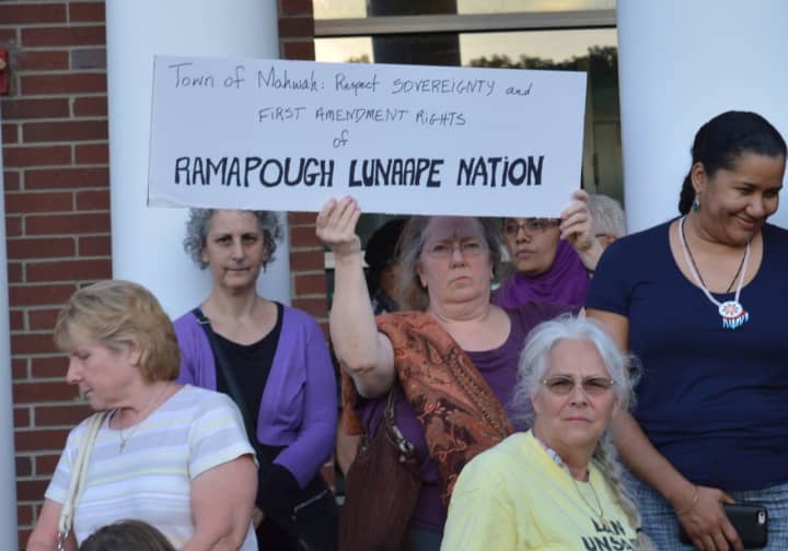 Supporters of the Ramapough Lunaape Nation gathered outside Mahwah&#x27;s municipal building.