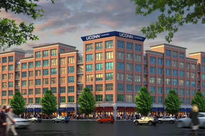 A rendering of the proposed housing for students attending the UCONN campus in Stamford.