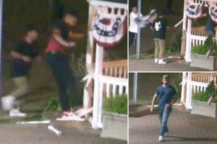 Nassau County Police are working to identify three men seen on surveillance video vandalizing a gazebo at the Seaford LIRR train station on Sunday, Aug. 14.