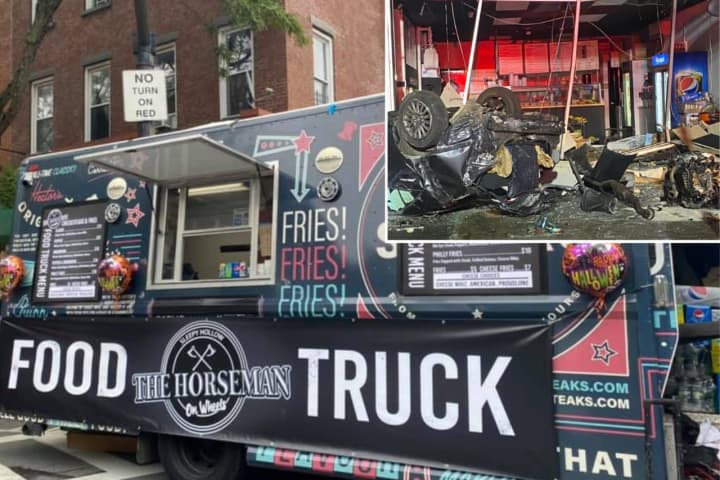 The Horseman Deli&#x27;s food truck. Inset: The aftermath of the August 2021 crash.