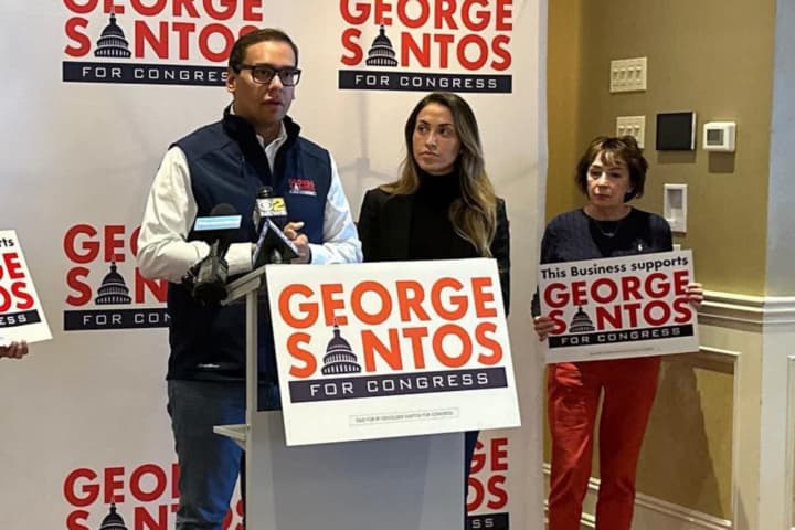 Freshman New York Rep. George Santos speaks at a campaign event in the Little Neck neighborhood of Queens in September 2022.