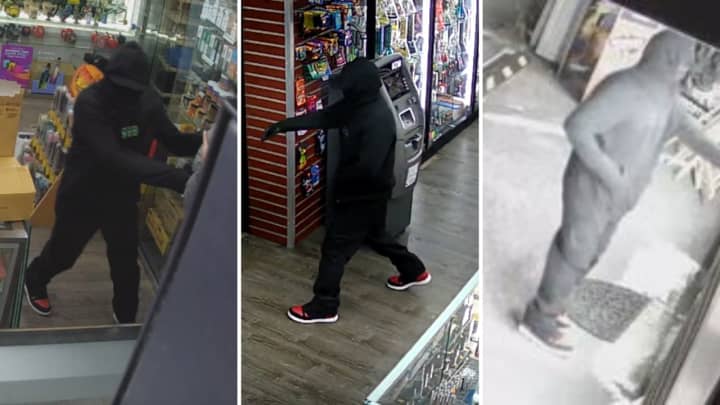 Police are searching for a man who robbed two Long Island smoke shops at gunpoint.