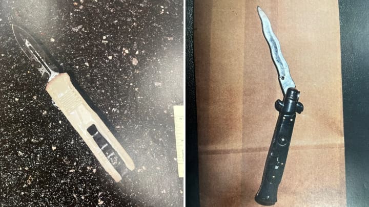 The DA&#x27;s Office shared photos of the knives allegedly used in the incident.