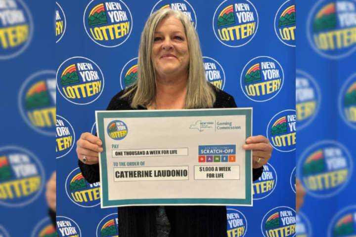 Catherine Laudonio, of Stony Brook claimed the top prize on the New York Lottery’s “Win $1,000 a Week For Life” scratch-off game.