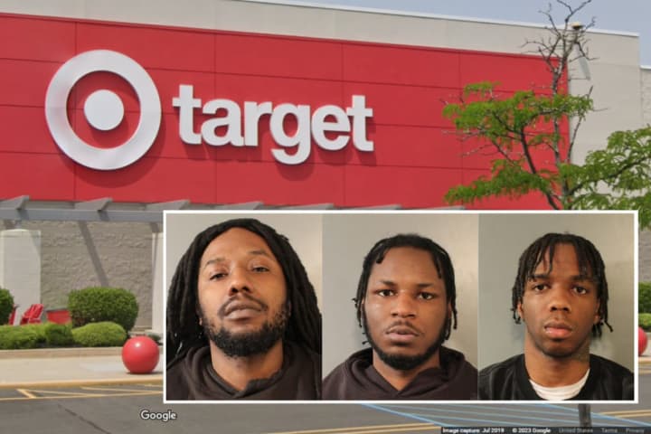 Nassau County Police arrested (left to right) Ronald Jiles-Ais, age 24, Malique Wilson, age 22, and Quamik Stephenson, age 24, following an alleged theft and getaway attempt at a Target in Westbury on Sunday, March 12.