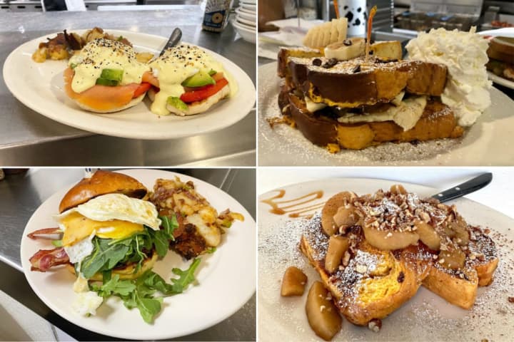 Maureen’s Kitchen was voted as having the best breakfast on Long Island. Pictured are (L to R): Salmon Benedict, Croissant French Toast with Bananas &amp; Walnuts, Breakfast Sandwich, and Cinnamon Raisin French Toast with apples, pecans, and caramel.