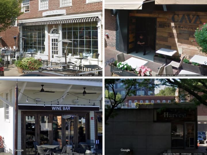 Four of the restaurants ordered to pay employees include (clockwise from top left): Scena Wine Bar and Restaurant in Darien; Cava Wine Bar in New Canaan; Harvest Wine Bar in New Haven; and 55 Wine Bar in Fairfield.