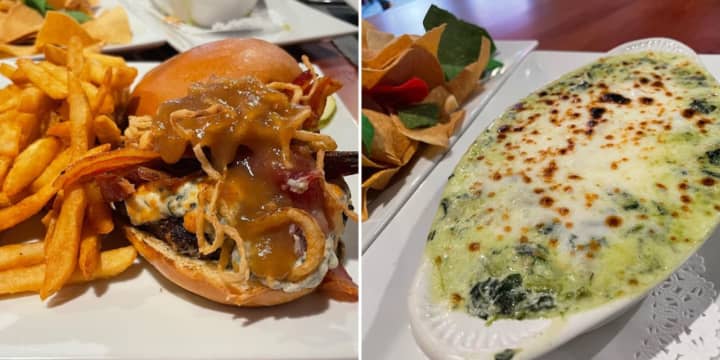 Riley Fibbers in Selden opened Friday, Oct. 6. Pictured is the Bacon Blue burger (left) and the spinach and artichoke dip.