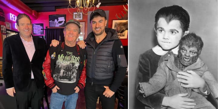 Actor Butch Patrick (center) with War Room Tavern owner Todd Shapiro (left) and actor Zach Erdem (right) on Tuesday, Oct. 31. Inset:&nbsp;Patrick as Eddie Munster on "The Munsters."