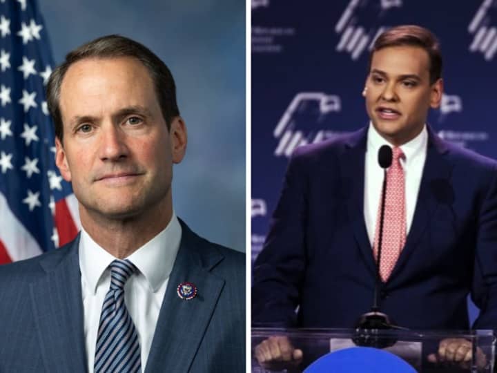 Connecticut Rep. Jim Himes (left) is defending his decision to vote against expelling New York Rep. George Santos (right) from Congress.&nbsp;