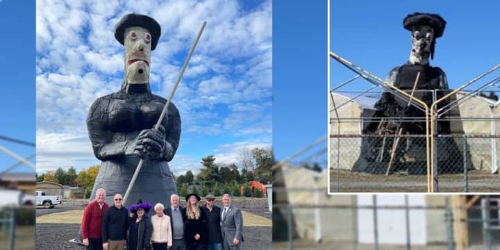 Community members gather to mark the successful restoration of the "Winnie the Witch" attraction in St. James on Tuesday, Oct. 31. Inset: The sculpture prior to renovations.