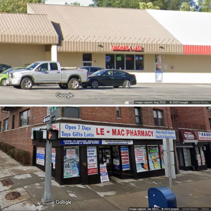 The two winning tickets were sold at Smokes 4 Less in Newburgh (top) and Le-Mac Pharmacy in Yonkers (bottom).&nbsp;