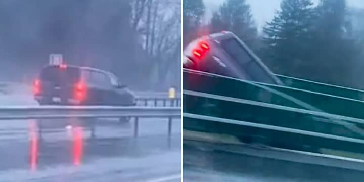 Dashcam footage of the moment an 84-year-old wrong-way driver went off a Thruway overpass in Bethlehem on Tuesday, March 5.&nbsp;