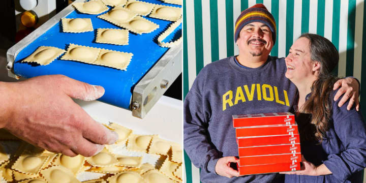 Steve Gonzalez and Kate Galassi opened their new pasta shop, Via Ravioli, on Route 9W in Coxsackie on Wednesday, March 6. Left: Fresh ravioli rolling off the machine.&nbsp;