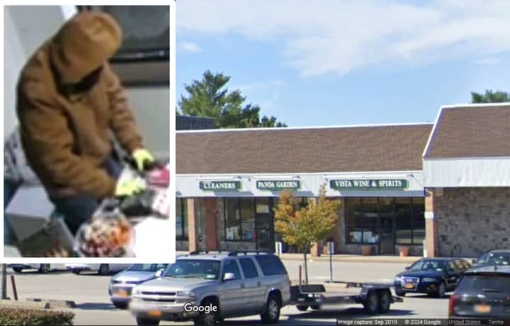 The suspect, pictured in surveillance footage released by police, allegedly broke into Vista Wine and Spirits in Lewisboro, authorities said.