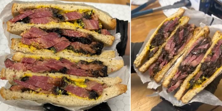 The pastrami sandwich at Five High Marketplace in Huntington.&nbsp;