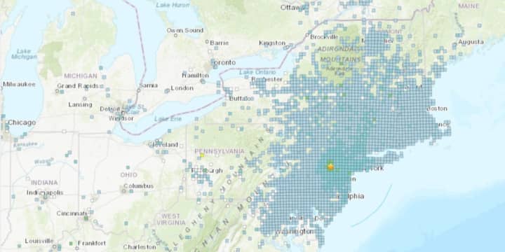 A US Geological Survey map showing how widespread a 4.8 magnitude earthquake was felt across the Northeast on Friday morning, April 5.
  
