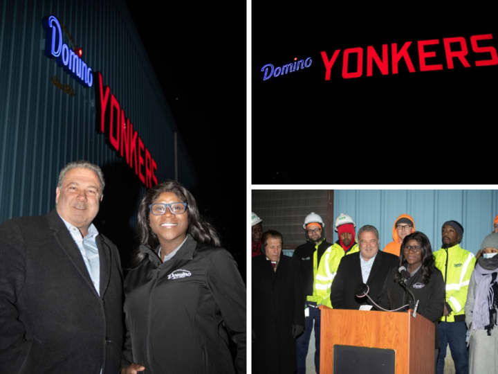 Yonkers Mayor Mike Spano attends the first lighting of the new Domino Sugar Refinery LED sign that pays homage to the iconic sign on the city&#x27;s waterfront pier.