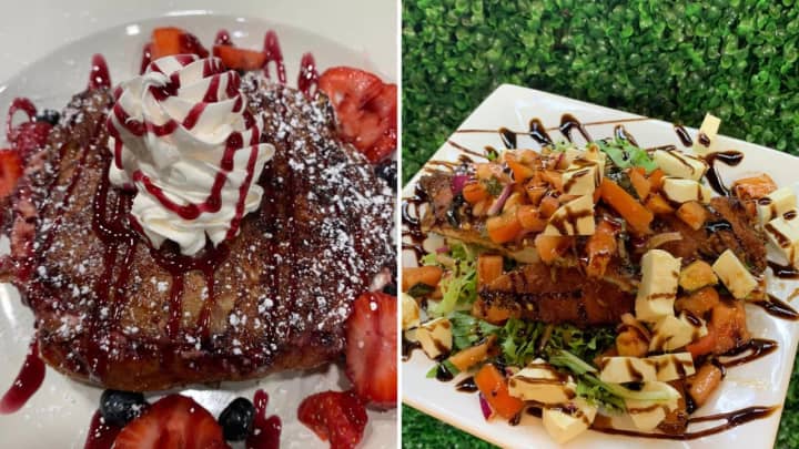 Croissant stuffed French toast and breaded chicken bruschetta served at Nappi&#x27;s Nook