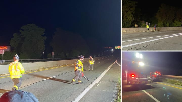 Route 9 southbound in Croton-on-Hudson had to be cleaned with brooms and leaf blowers after a vehicle apparently dropped nails and splintered wood on the roadway.