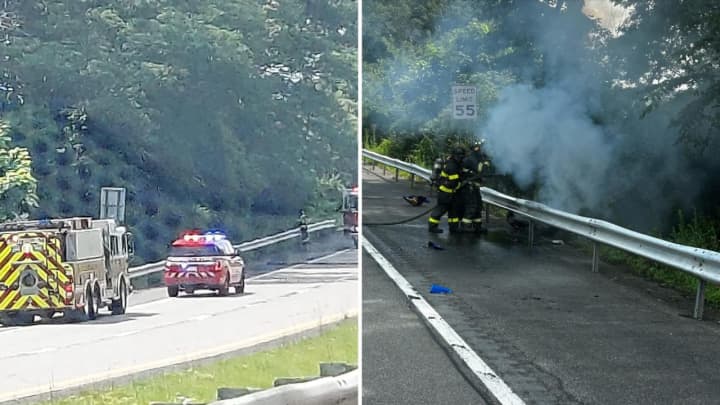 A motorcycle crash on southbound Route 9 in Croton-on-Hudson resulted in a fire that burned along the side of the road.
