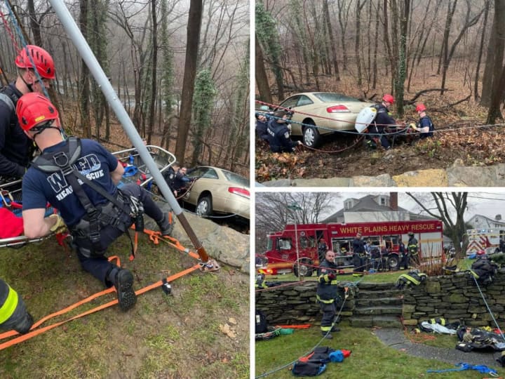 Firefighters were able to pull off a successful rescue of a driver who crashed down a steep, muddy slope in White Plains.&nbsp;