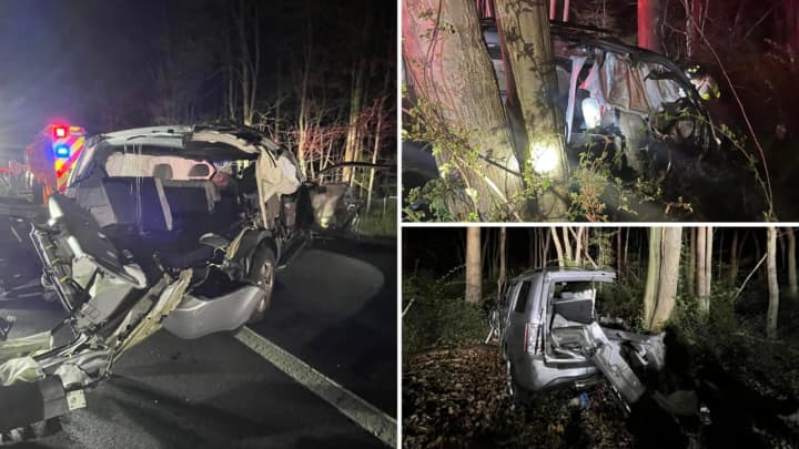 An SUV was sent into the woods after hitting a tractor-trailer on an exit ramp in Harrison.