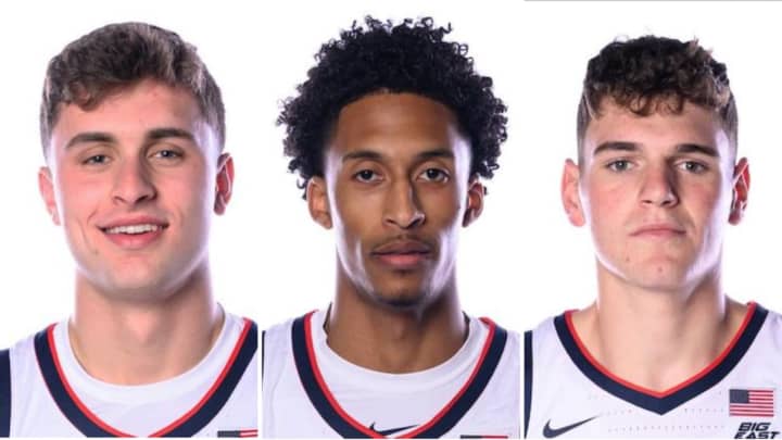 Freshman center Donovan Clingan (right), freshman guard Andre Johnson Jr. (middle), and junior guard Andrew Hurley (left) all hail from Connecticut high schools and will help the UConn men&#x27;s basketball team face Miami in the Final Four.