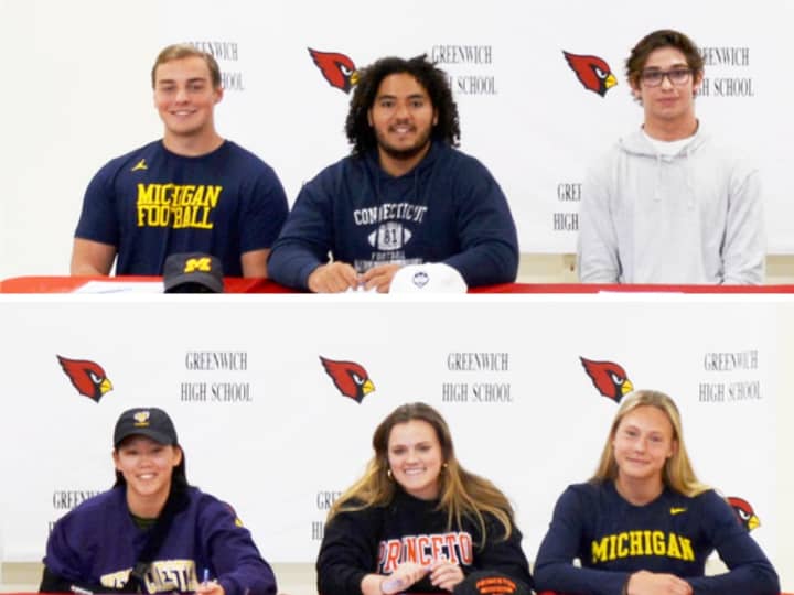 The six Greenwich High School student-athletes who will be joining top programs throughout the country include (Clockwise from top left): Jack Konigsberg; Jake Kiernan; Jack Roach; Emma Gustafsson; CJ Weigel; and Laura Smego.