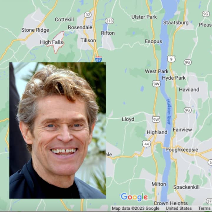 Willem Dafoe is listing his residence in the Hudson Valley hamlet of High Falls (outlined in red), located west of I-87 in Ulster County.