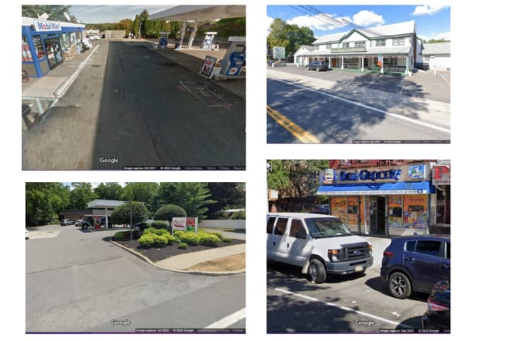 Clockwise from top left, the four stores where the $50,000 Powerball tickets were sold in Northern Westchester County, Ulster County, the Bronx, and Greene County.