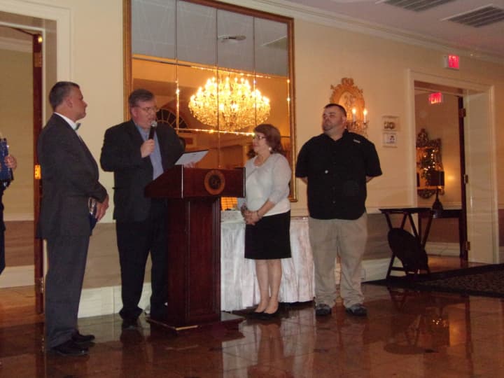 L to R: Mayor Joe DeSalvo, Councilman Mark O’Connor, Christine Mager (wife of Walt Mager), John Mager (son of Walt Mager).