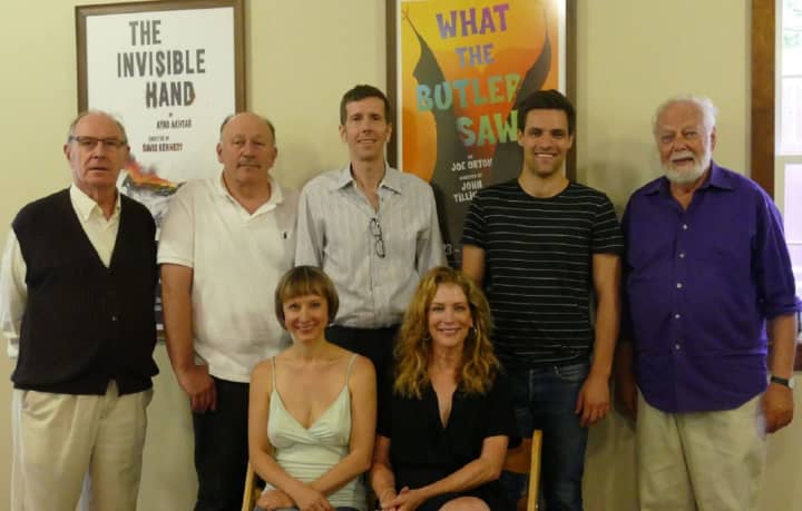 “What the Butler Saw” at Westport Country Playhouse features, from left, seated, Sarah Manton, Patricia Kalember; standing, Paxton Whitehead, Julian Gamble, Robert Stanton, Chris Ghaffari and director John Tillinger.