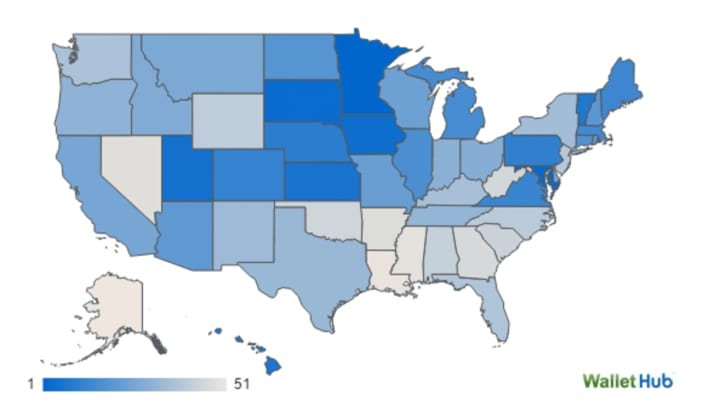 WalletHub&#x27;s latest study placed Connecticut in the top five states for health outcomes and the number of children with health insurance, but 18th overall. In this map, the darker the blue, the higher the overall ranking.