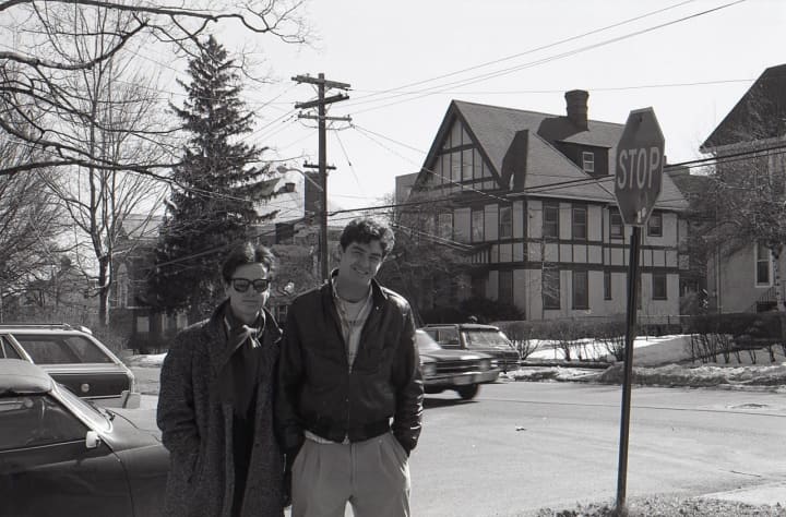 Whitney Ransick (left) with friend Bob Gosse near Ransick&#x27;s former Port Chester home, circa 1985