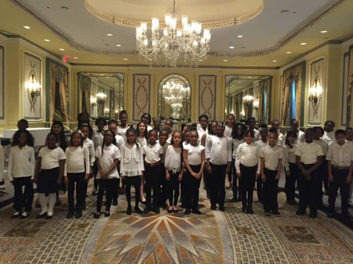 Select members of Williams Elementary School Chorus, pictured, performed “Get Up!” at the annual National Mothers’ Day Council Luncheon at the Pierre Hotel in Manhattan.