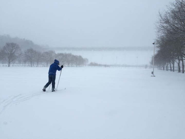 A cross country skier enjoys the snow in Valhalla during the blizzard of 2016.