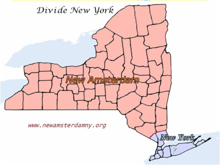 A map of what a divided New York state would look like under newamsterdamny.org&#x27;s secession plan. 